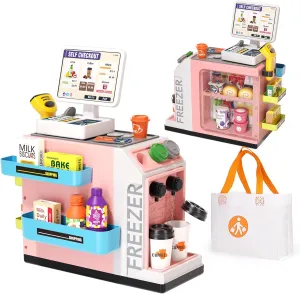 48-Piece Pretend Play Cash Register Toy Set for Kids with Water Outlet Function - Calculator, Shopping Bag, Scanners, Coffee Machine, Play Food - Gift for Boys and Girls Ages 3 （Pink）