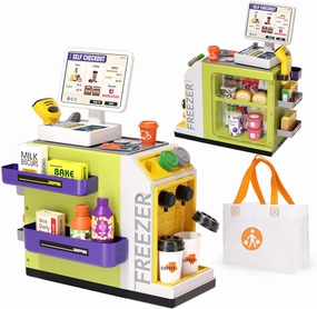 48-Piece Pretend Play Cash Register Toy Set with Water Outlet Function - Calculator, Shopping Bag, Scanners, Credit Cards, Coffee Machine, Play Food - Gift for Boys and Girls Ages 3  (Green)