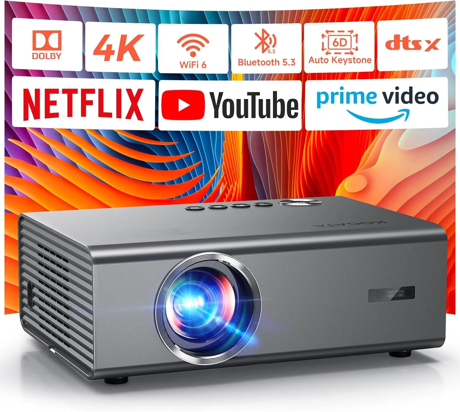 4K Projector with Netflix-Licensed&Dolby Audio, AI Auto Focus&6D Keystone Kogata Smart Projector with Built in Apps Outdoor Movie Proyector with WiFi 6 Bluetooth for Home Theater UPGRADE
