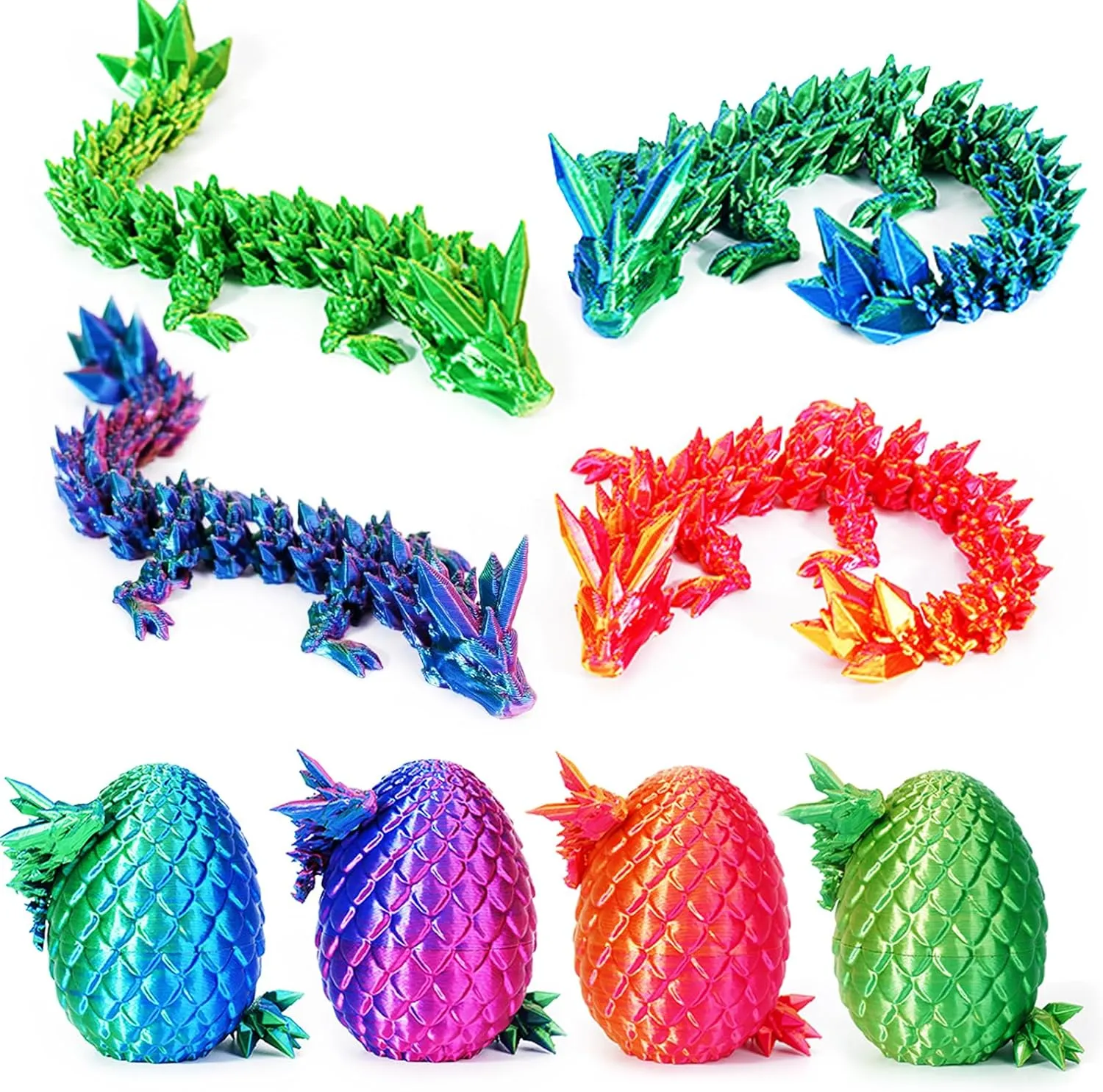 4PC 3D Printed Dragon in Egg,Dragon Eggs with Dragon Inside,Mini Articulated Crystal Dragon Fidget Toys,Mystery Dragon Egg Fidget Toy, Mystery 3D Printed Animals Set