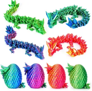4PC 3D Printed Dragon in Egg,Dragon Eggs with Dragon Inside,Mini Articulated Crystal Dragon Fidget Toys,Mystery Dragon Egg Fidget Toy, Mystery 3D Printed Animals Set