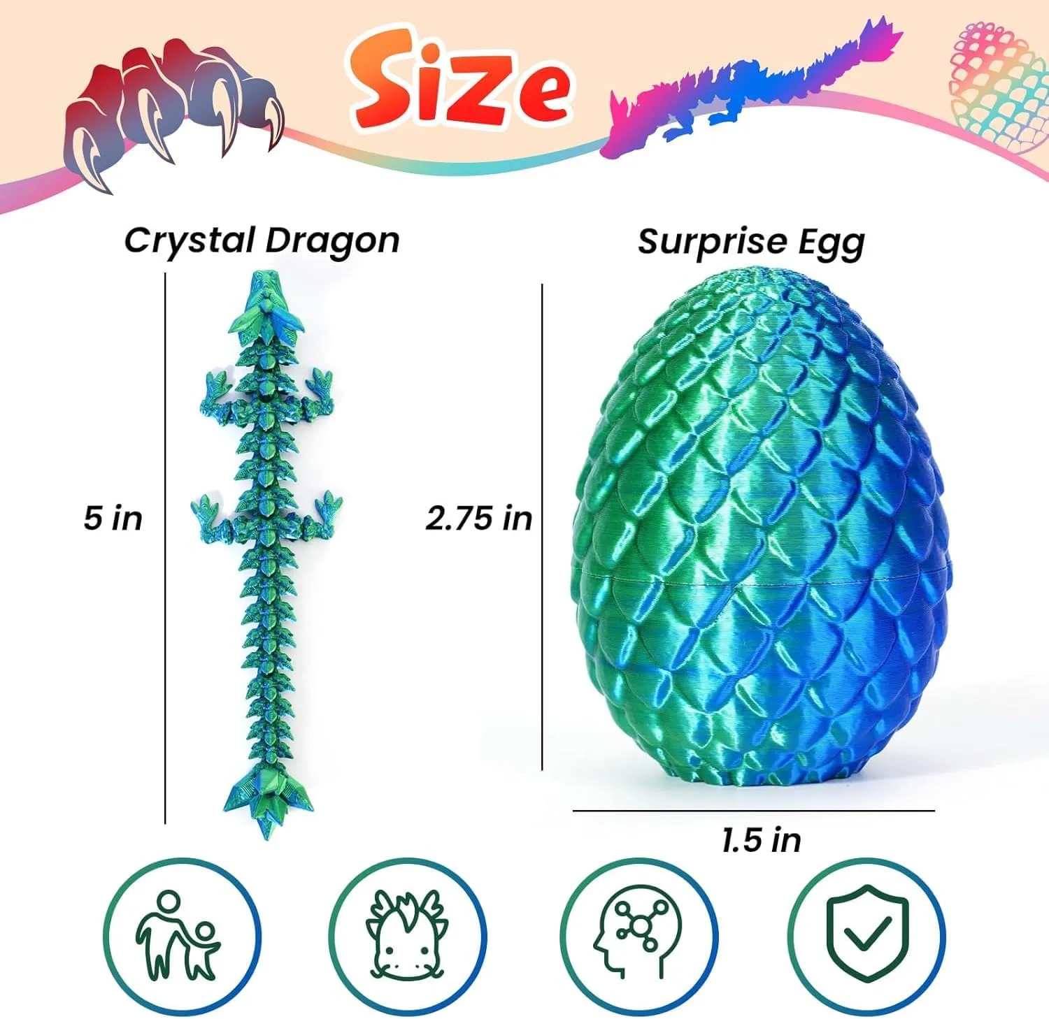 4PC 3D Printed Dragon in Egg,Dragon Eggs with Dragon Inside,Mini Articulated Crystal Dragon Fidget Toys,Mystery Dragon Egg Fidget Toy, Mystery 3D Printed Animals Set