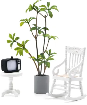4Pcs 1:12 Dollhouse Wooden Rocking Chair Set Miniature Side Table, Nostalgic TV, Floor Plants Mini House Furniture Accessories for Living Room Bedroom, Kitchen, Outdoor Home Office, Desk