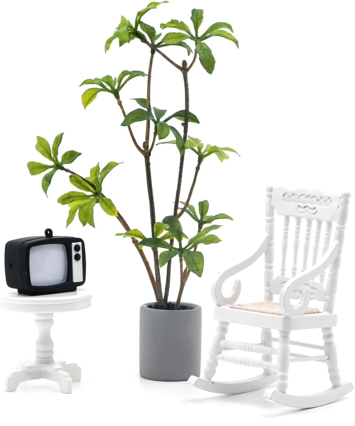 4Pcs 1:12 Dollhouse Wooden Rocking Chair Set Miniature Side Table, Nostalgic TV, Floor Plants Mini House Furniture Accessories for Living Room Bedroom, Kitchen, Outdoor Home Office, Desk