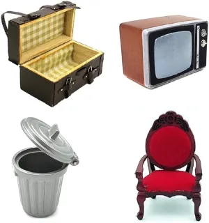 4pcs Set 1:12 mini House Dollhouse Miniature Wooden Single Sofa Chair, Resin Retro TV Model Television, Garden Trash Can Garbage Bin, Vintage Brown Lugguage Box Trunk case Bag for DIY Scene