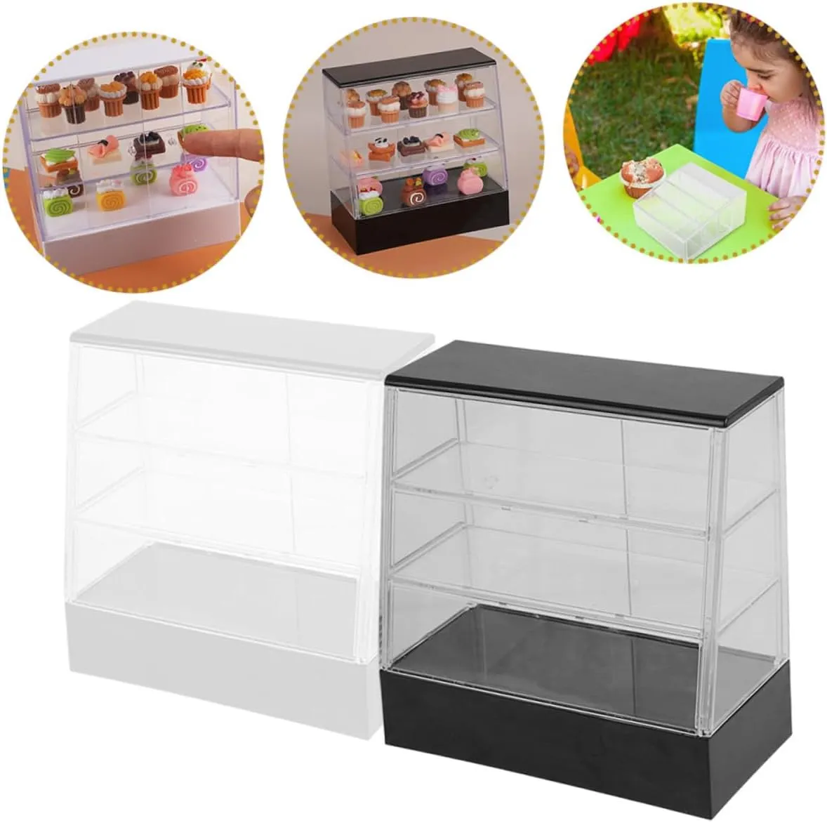 4sets Miniature Dollhouse Display Cabinet Clear Simulation Cake Showcase for Dollhouse Decor Accessory for Creative Arrangement and Realistic Play 2pcs*4