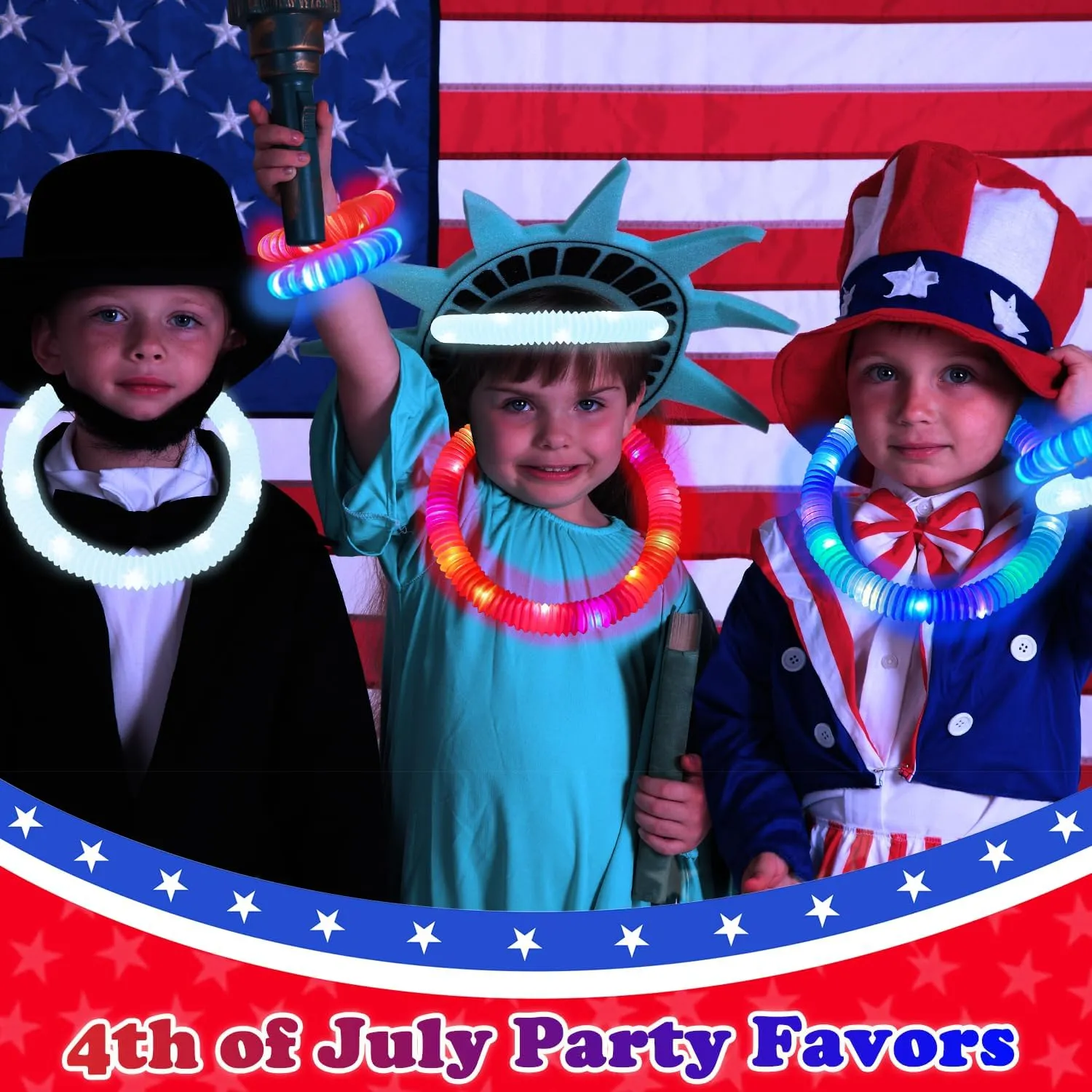 4th of July Red White Blue Glow Sticks 12 PCS,Light up Bracelet Necklace Accessories for Kids, Fourth of July Party Favor Supplies Decorations,Patriotic Parade Stuff Toys Gifts for Independence Day