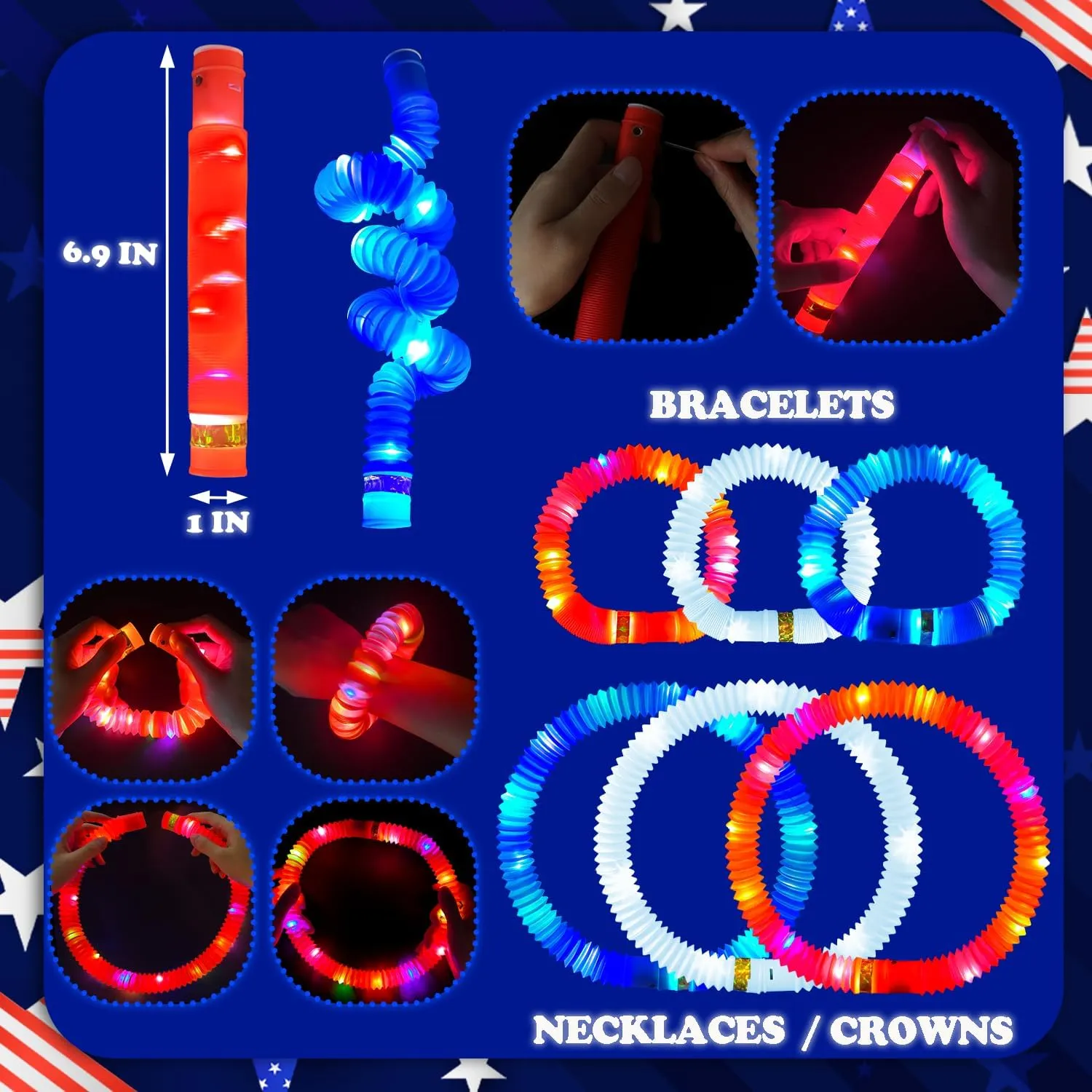 4th of July Red White Blue Glow Sticks 12 PCS,Light up Bracelet Necklace Accessories for Kids, Fourth of July Party Favor Supplies Decorations,Patriotic Parade Stuff Toys Gifts for Independence Day
