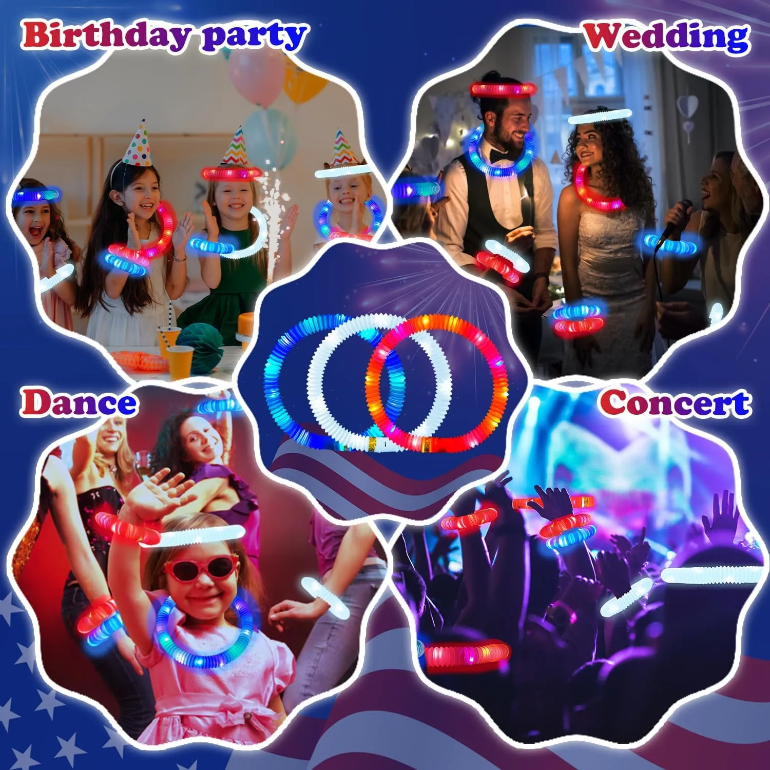 4th of July Red White Blue Glow Sticks 12 PCS,Light up Bracelet Necklace Accessories for Kids, Fourth of July Party Favor Supplies Decorations,Patriotic Parade Stuff Toys Gifts for Independence Day