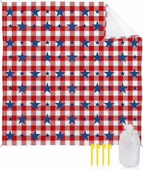 4th of July Plaid Beach Blanket, Independence Day American Blue Stars Sandproof Waterproof Outdoor Mat Quick Drying Beach Accessories for Vacation Holiday Picnic Camping, 79"x83" for 1-4 Adults