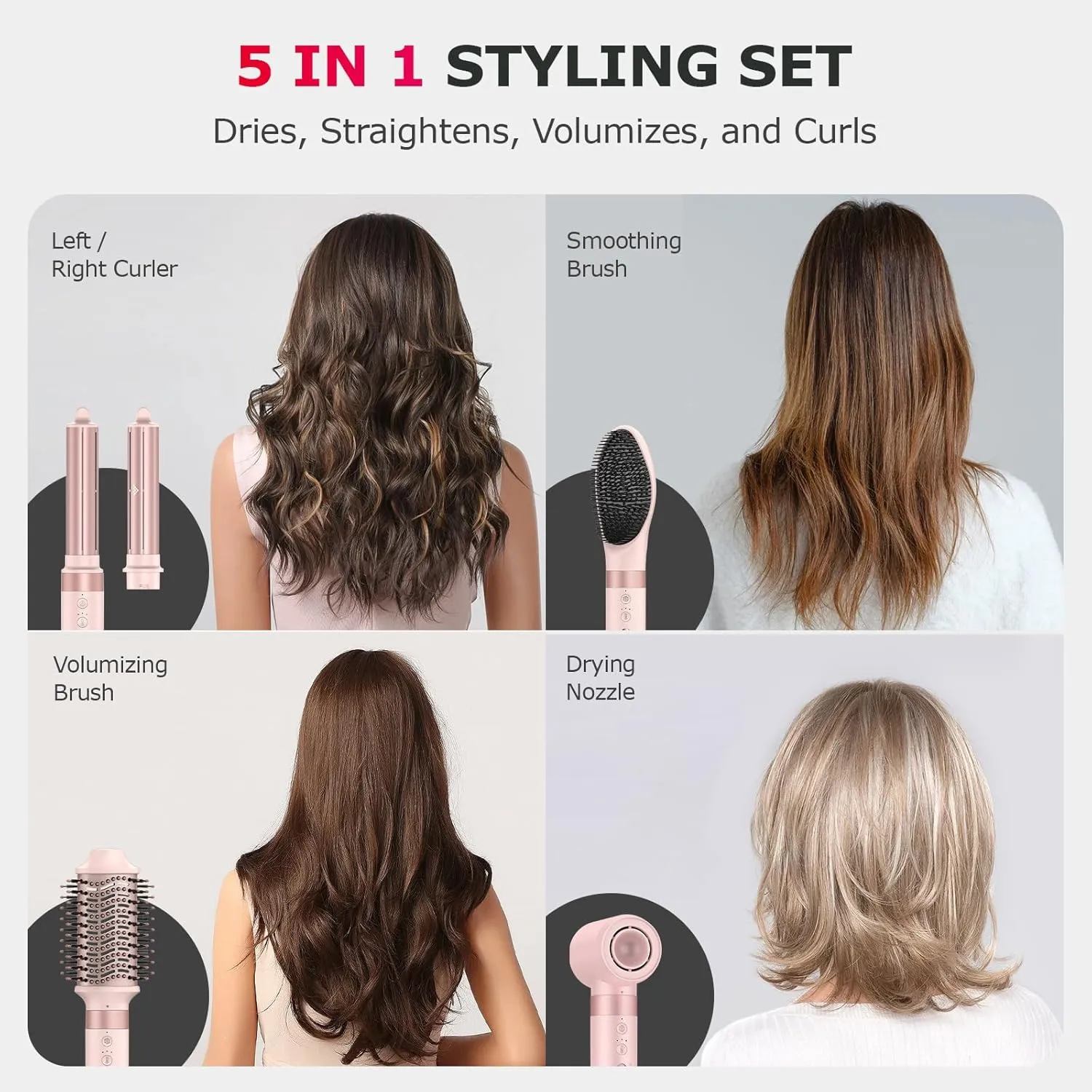 5 in 1 High-Speed Hot Air Styler - Professional Frizz-Free Hair Dryer Brush, Fast Drying Hair Dryer, No Heat Damage Air Styler Wrap - Curl, Volumize, Straighten with Travel Bag