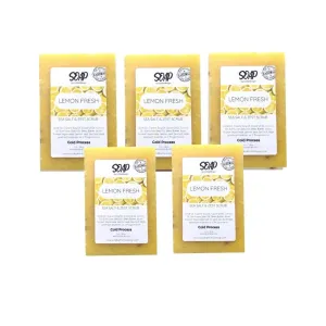 5 PACK Lemon Fresh. 5x4.9oz. Cold process soap. Lemon/citrus soap with lemon peel and sea salt. Makes your skin super soft. For senistive and dry skin.
