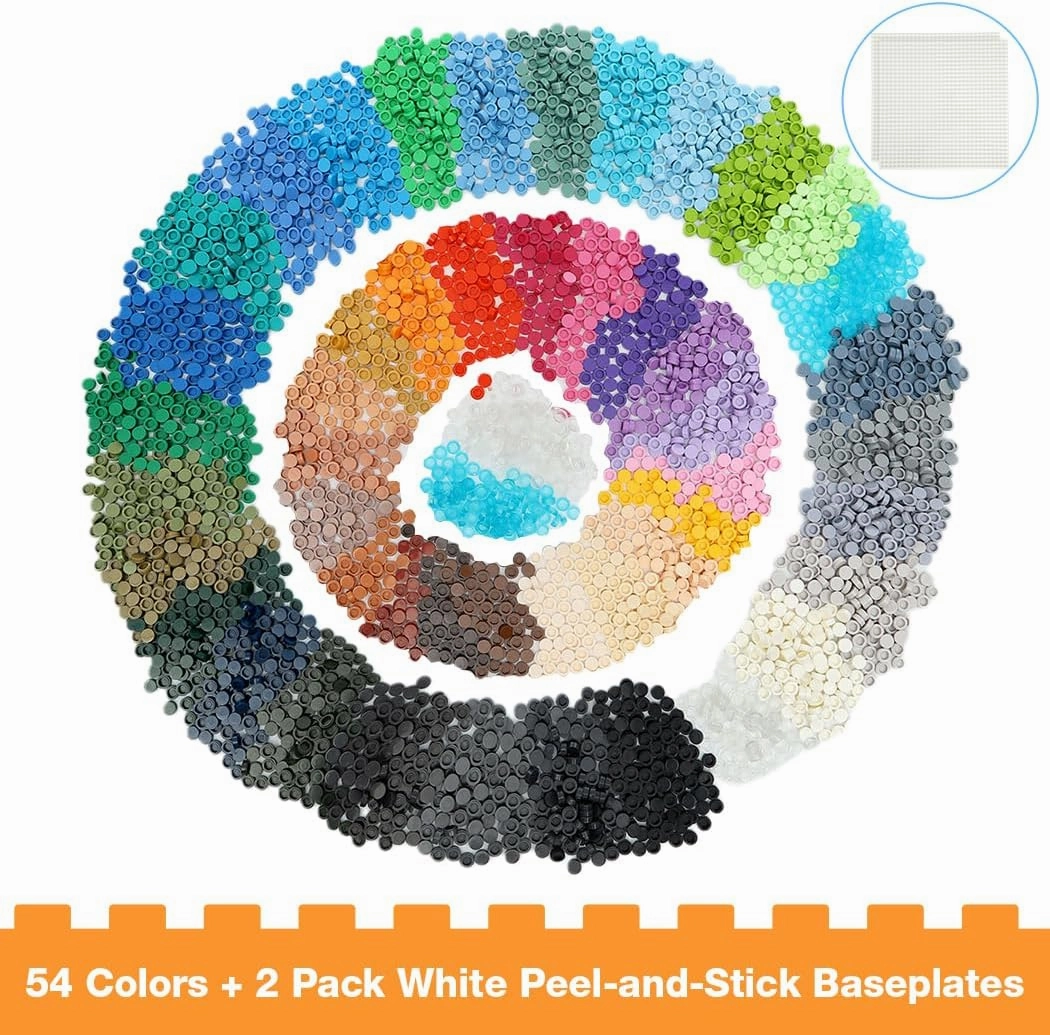 5400PCS Pixel Bricks, 1X1 Round Plates - 54 Colors Building Blocks Parts and Pieces with 2 Pack 10”x10” White Peel-and-Stick Building Baseplates - Pixel Arts Dots Bulk Studs Accessories Kit