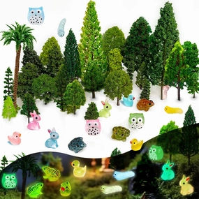 55Pcs Mixed Model Trees, Luminous Mini Resin Animal Figurines, Diorama Supplies, Miniature Trees, Model Train Scenery with No Bases