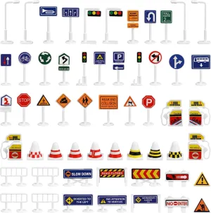 56Pcs Street Road Signs Playset Traffic Signs Playset Mini Electric Traffic Lights Toy Road Signs for Play(Mini Size)