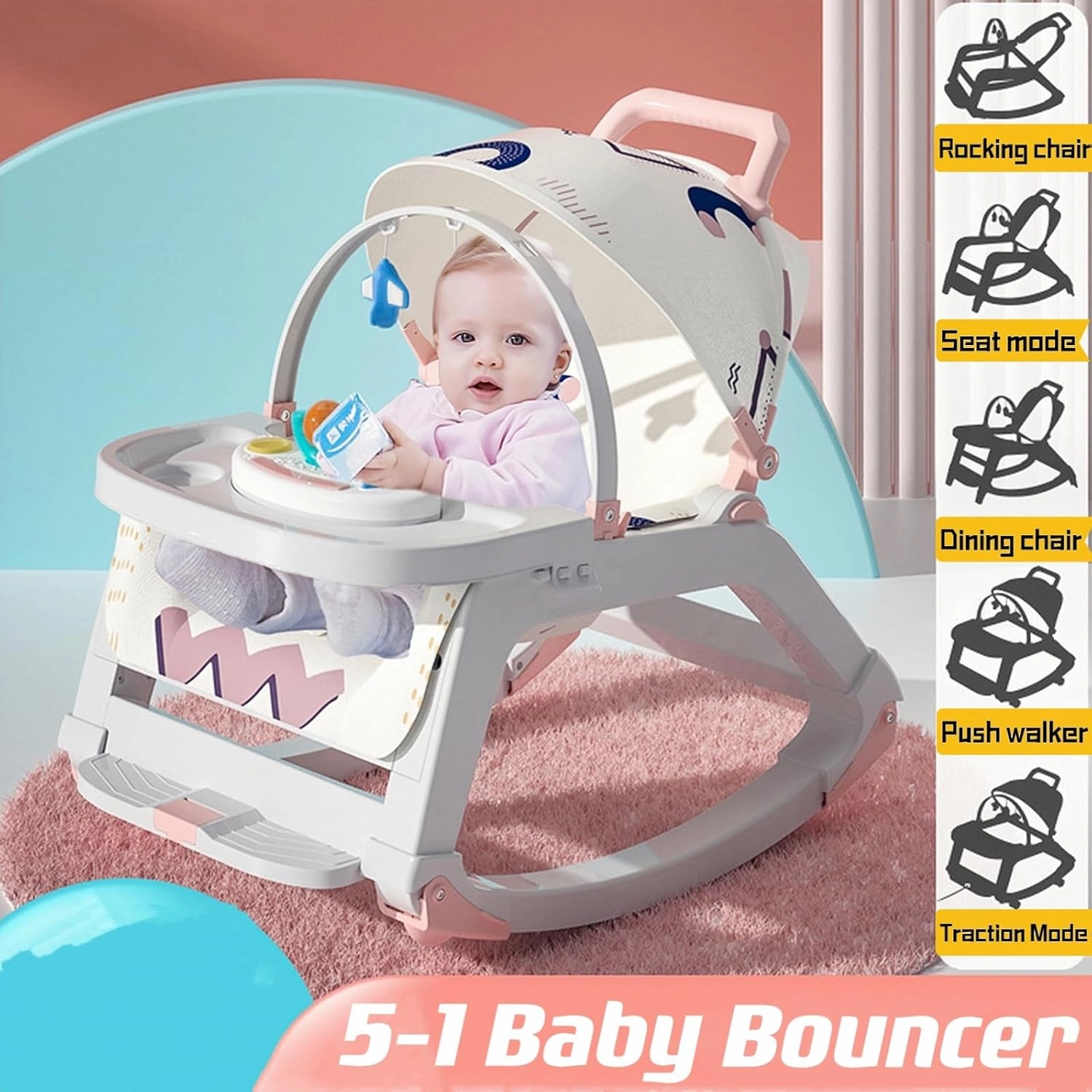 5-1 Baby Bouncer Ifant Seat，Baby Bouncer and Push Walker Cambo，Ifant to Toddler Adjustable Bouncer Chair，Portable Rocker Chair with Wheels,Toy Snack Tray and Canopy for Outdoor，0-36 Months