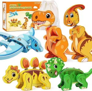 5PCS Dinosaur Snap Together Building Toys, Wooden Dinosaur Toys for Kids 3-5, 5-7, STEM Preschool Learning Activities Fine Motor Skills Dino Toys, Gifts for 3 4 5 6 Year Old Boys Girls Kids
