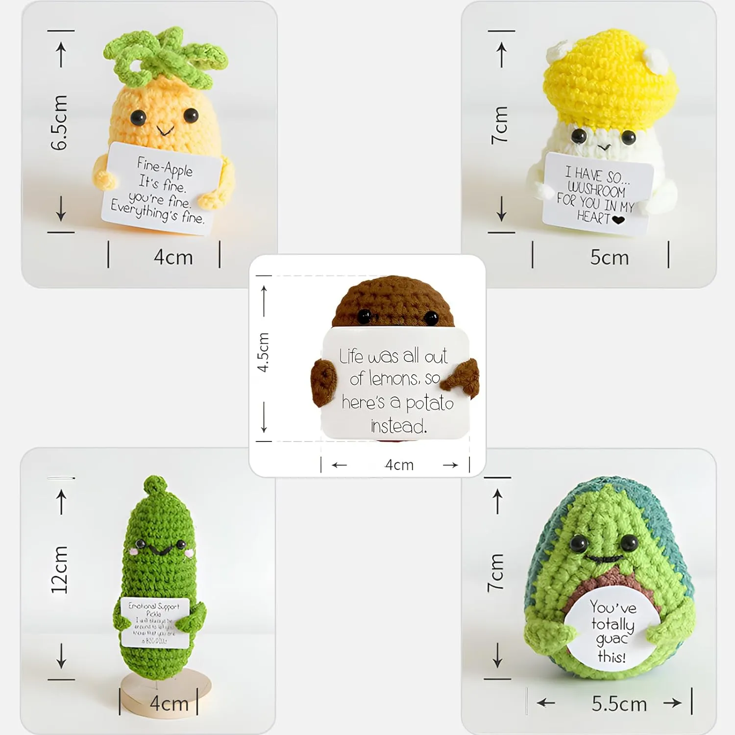 5PCS Handmade Emotional Support Pickled Cucumber Pickle Gift, Cute Room Decor Emotional Support Plush Crochet Gift, Fun Stress Relieving Toys Creative Knitting Dolls with Positive Affirmation Card
