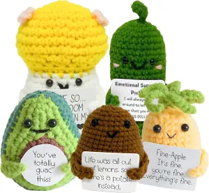 5PCS Handmade Emotional Support Pickled Cucumber Pickle Gift, Cute Room Decor Emotional Support Plush Crochet Gift, Fun Stress Relieving Toys Creative Knitting Dolls with Positive Affirmation Card