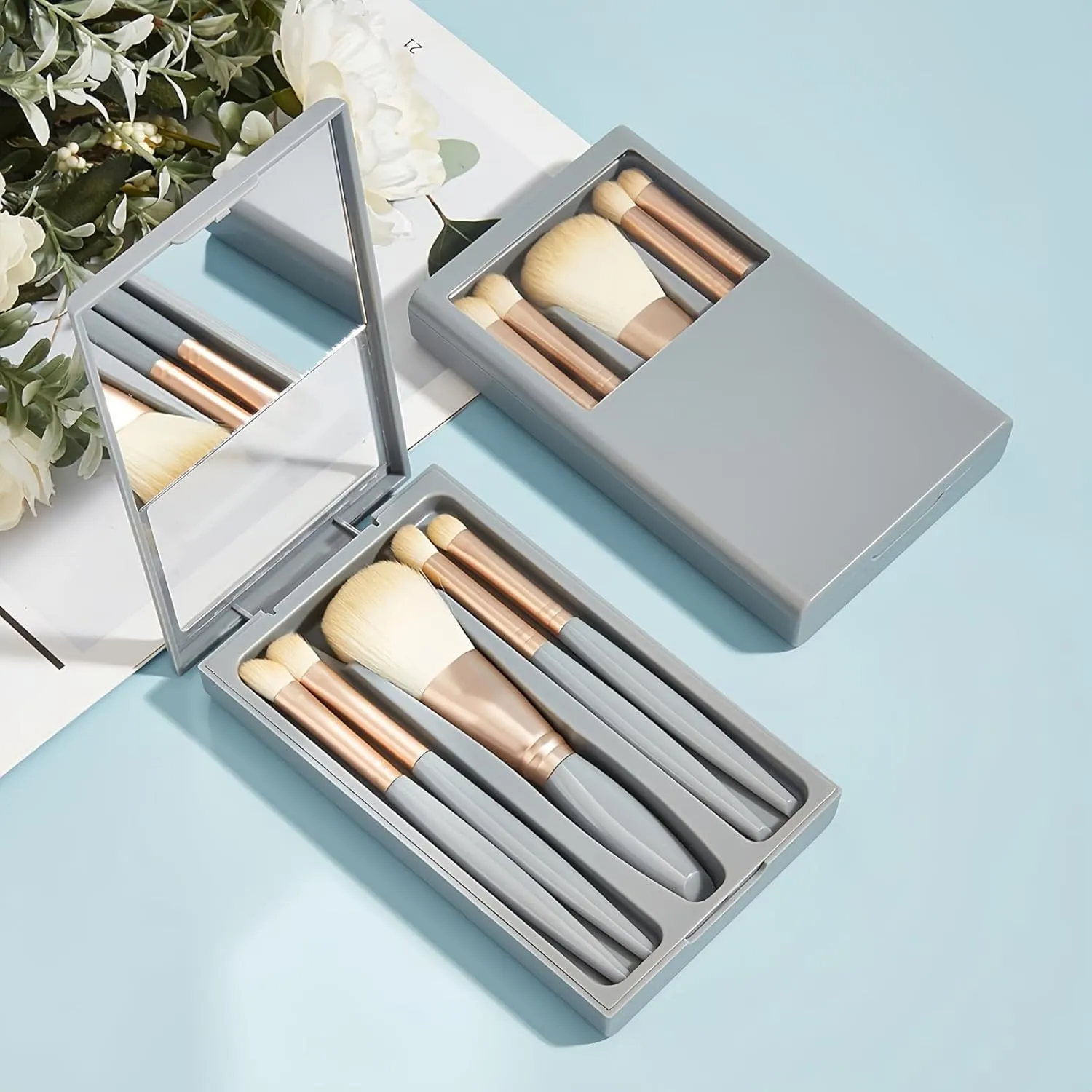 5Piece Easy-taken Travel Makeup Brush Set, Mini Complete Function Cosmetic Brushes Kit with mirror (Long-Blue)