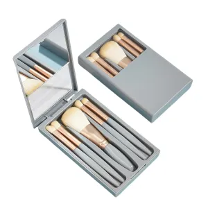 5Piece Easy-taken Travel Makeup Brush Set, Mini Complete Function Cosmetic Brushes Kit with mirror (Long-Blue)