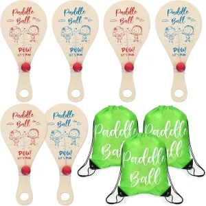 6 Pcs 11.42 Inch Wooden Paddle Ball with String Wood Paddleball Game with 3 Green Carry Bag Fun Paddle with Ball Attached Retro Classic Party Favor Indoor Outdoor