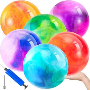 6 PCS Fun Bouncy Balls, 12 Inch Marbleized Bouncy Balls,Inflatable Rubber Playground Sensory Ball,Inflatable Kick Ball with Pump for Beach Playground Indoor and Outdoor Games