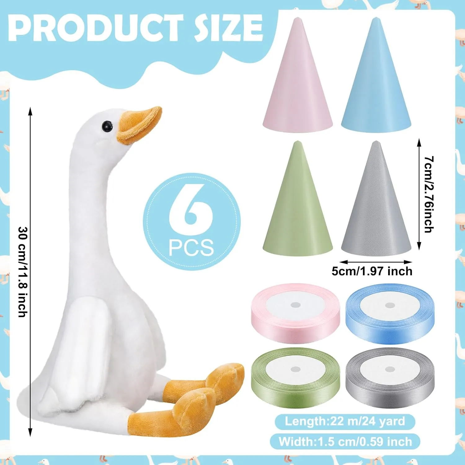 6 Set One Silly Goose Birthday Decor 1st Baby Shower Party Favor 11.8 Inch White Geese Plush Stuffed Animal with Mini Party Hats and Pink Blue Green Gray Ribbons for Kids Gift(Silly Goose)