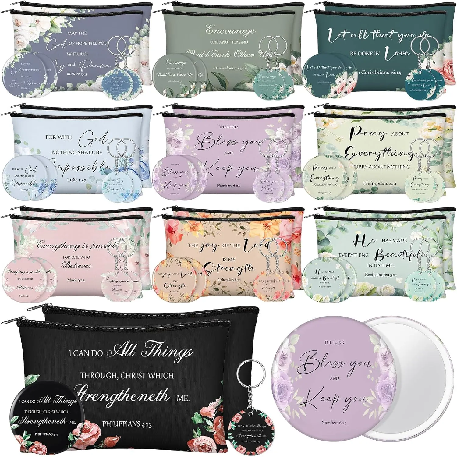60 Pcs Christian Gifts for Women Religious Gifts Include 20 Canvas Makeup Bags 20 Bible Verse Mini Mirror 20 Inspirational Bible Keychains Church Favors for Women Mother Sister