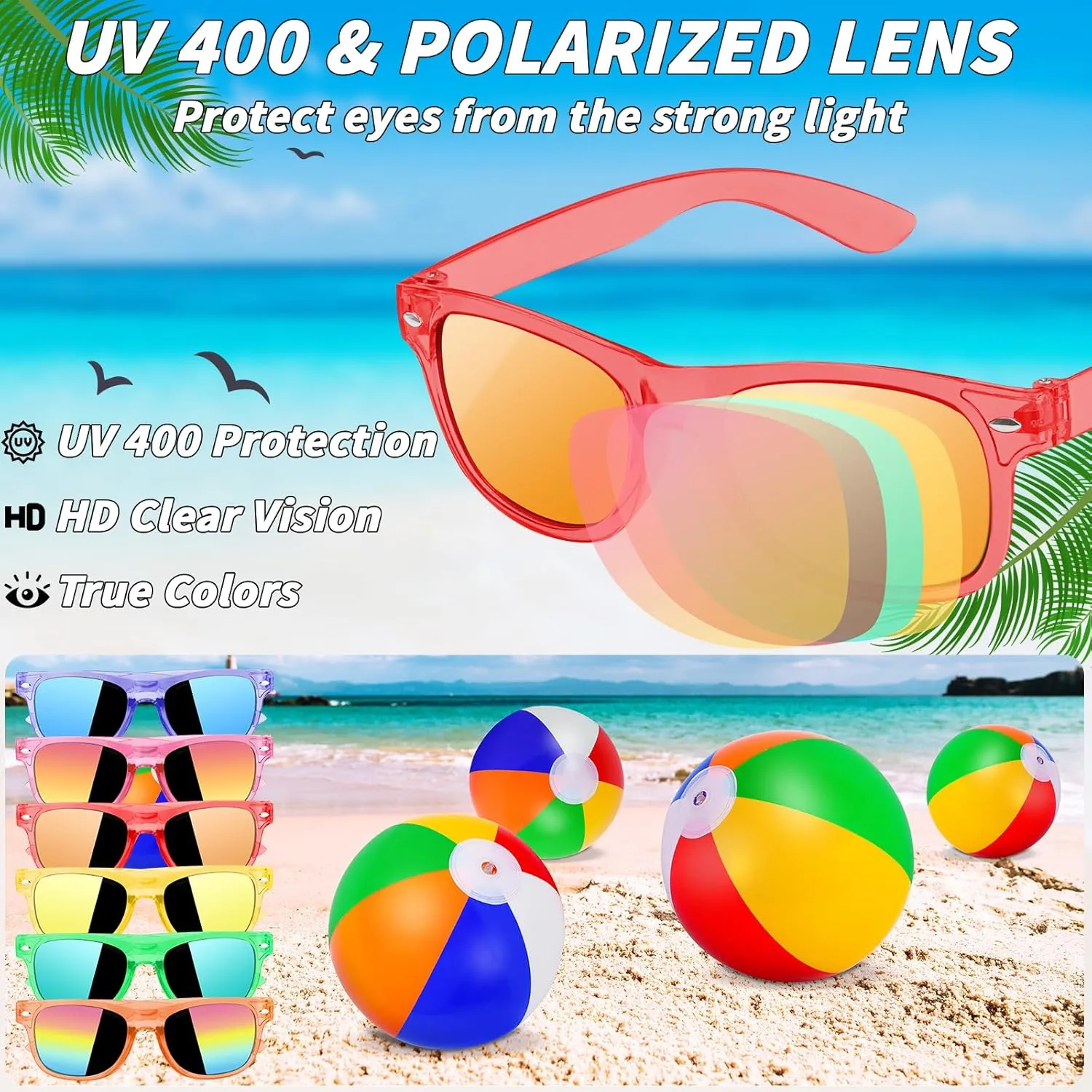 60 Pcs Kids Summer Beach Party Favors Sets- Includes 30 Inflatable Beach Balls Bulk, 30 Neon Sunglasses Bulk, Rainbow Colored Beach Ball Summer Pool Party Toys for Water Games Hawaiian Party