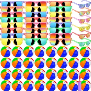 60 Pcs Kids Summer Beach Party Favors Sets- Includes 30 Inflatable Beach Balls Bulk, 30 Neon Sunglasses Bulk, Rainbow Colored Beach Ball Summer Pool Party Toys for Water Games Hawaiian Party