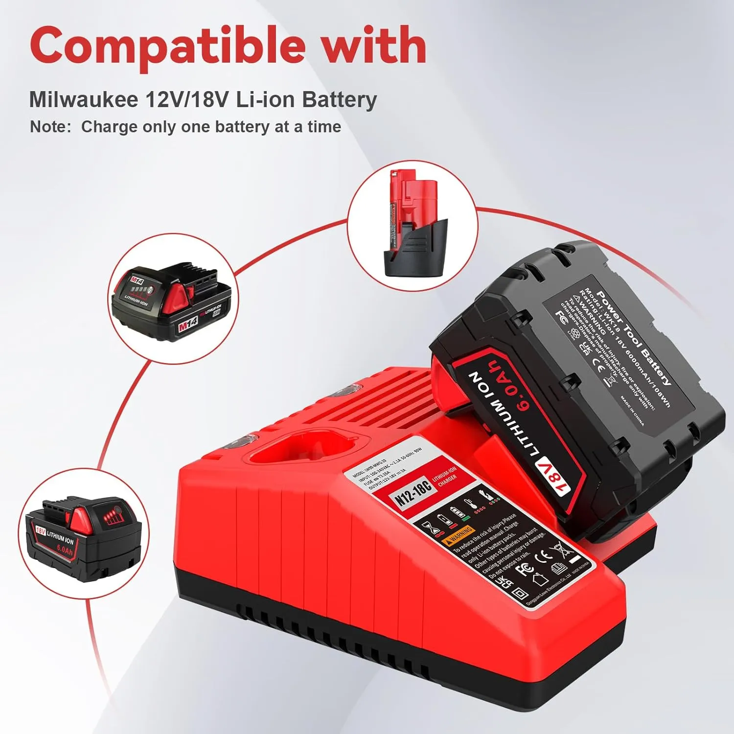 6.0Ah 18V for Milwaukee M-18 Battery WK18 N12-18C Dual Port Charger Compatible for Milwaukee 18v Battery and Charger Combo Fast Charging M12 M-18 48-11-1850 48-11-1860 48-11-1820 48-11-1840 48-11-1815