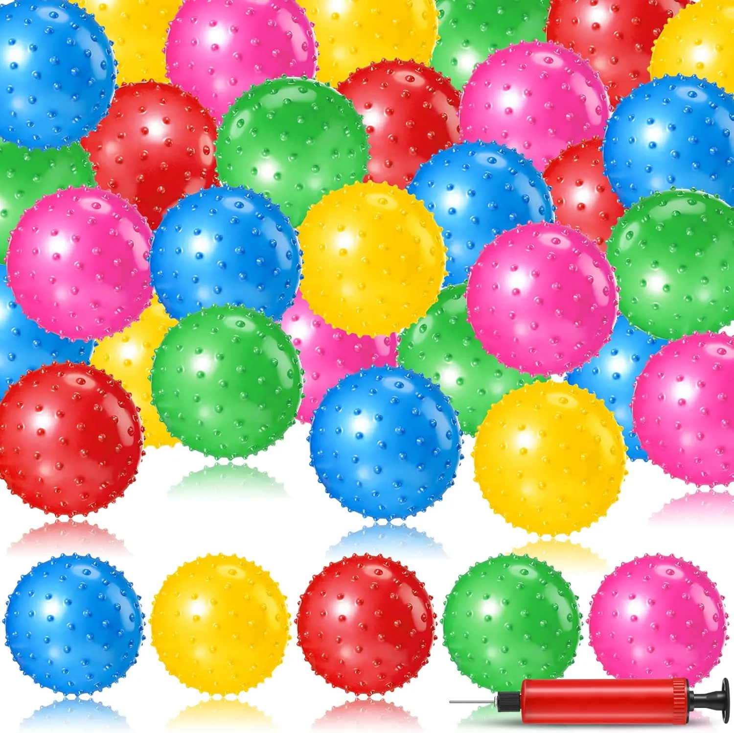 64 Pieces 6.3 Inch Knobby Balls for Kids Sensory Balls with Air Pump Small Inflatable Bouncy Soft Spiky Toddler Bounce Party Favors Summer Beach Pool Baby Massage Stress Play Set, 5 Colors