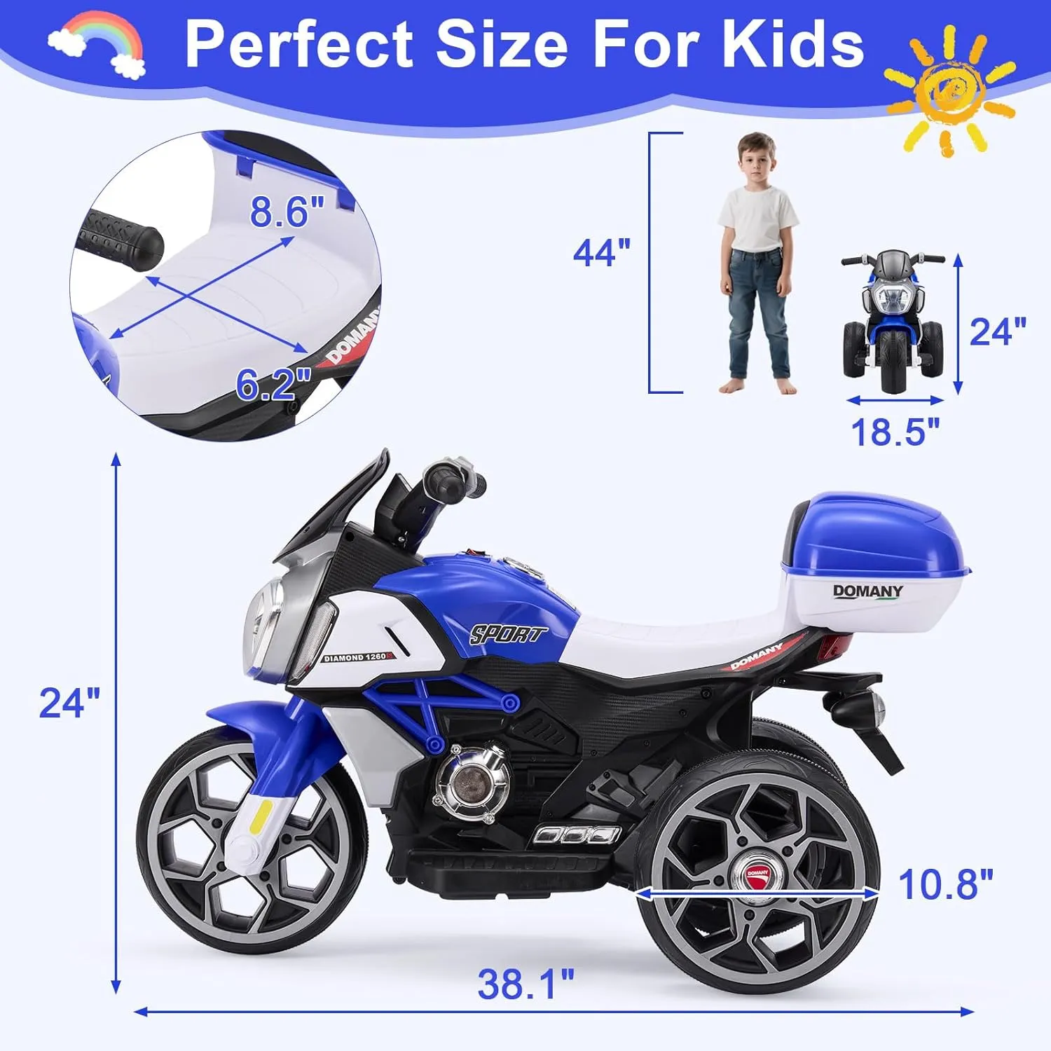 6V Kids Electric Motorcycle, Ride On Toys with Training Wheels & LED Headlights, Bluetooth, Storage Box, Toddler Bike for 3-8, Electric Car for Kids, for Christmas & Birthday (Blue)