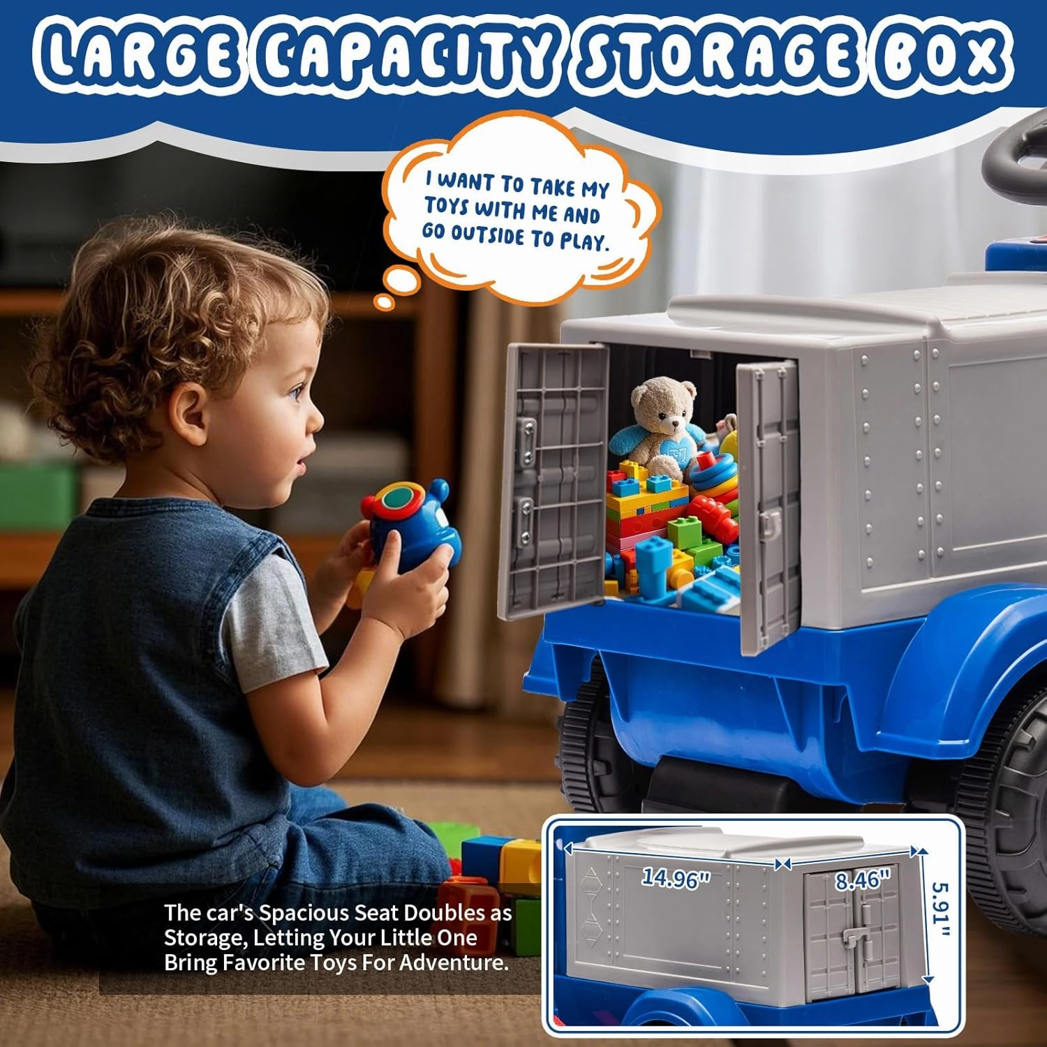 6V Ride on Truck for Toddlers - Kids Electric Car with Large Storage Box, Music, LED Lights, Rechargeable Battery, One-Button Start, Indoor/Outdoor Ride on Toy for Kids Boys Girls (Dark Blue)