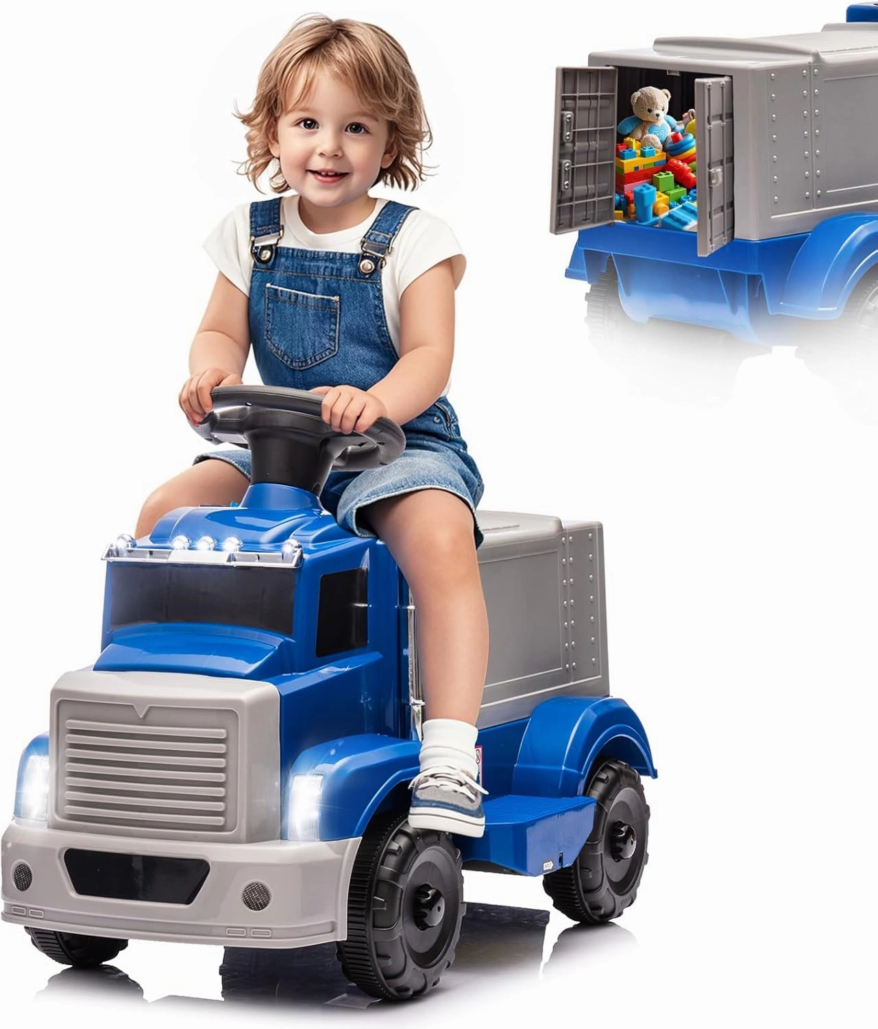 6V Ride on Truck for Toddlers - Kids Electric Car with Large Storage Box, Music, LED Lights, Rechargeable Battery, One-Button Start, Indoor/Outdoor Ride on Toy for Kids Boys Girls (Dark Blue)
