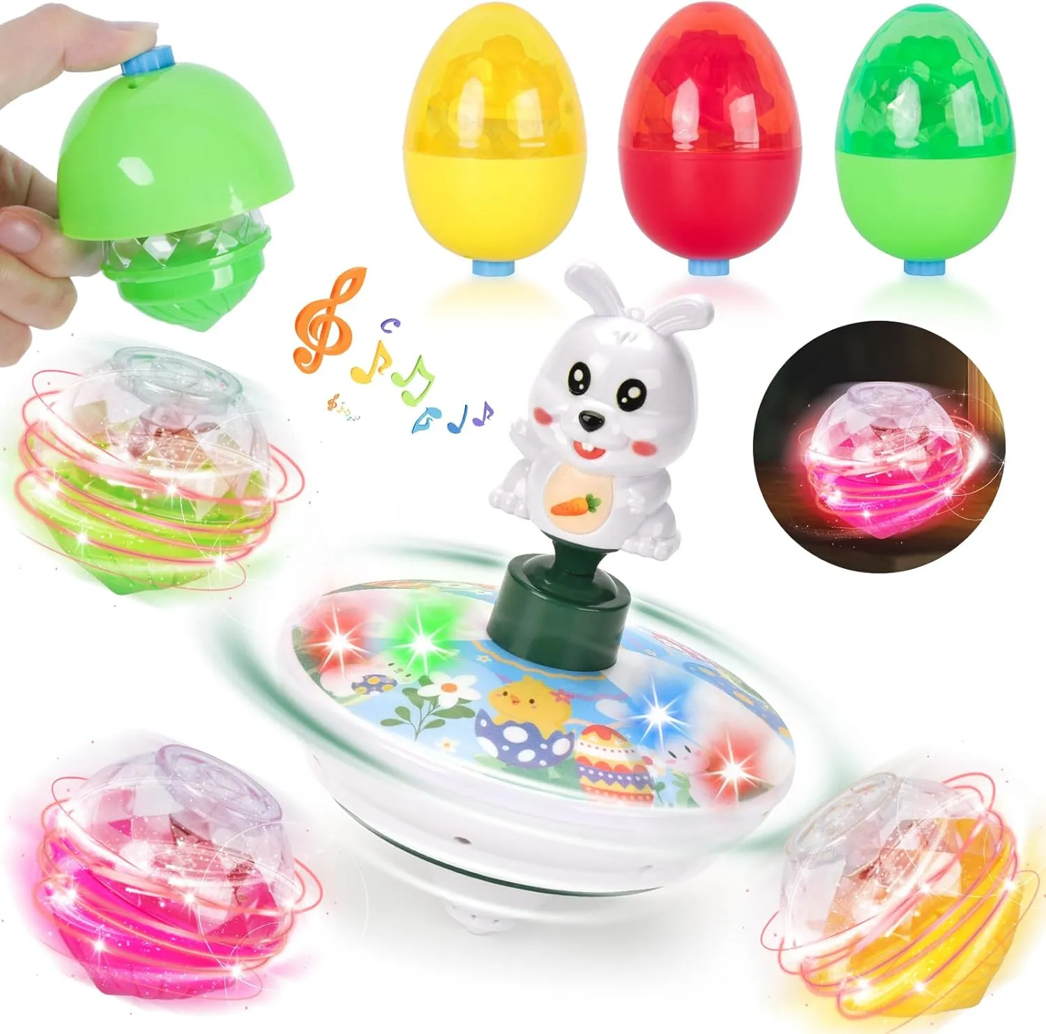 7 Pcs Easter Toys Light Up Spinning Tops, Easter Eggs Basket Stuffers Gifts for Toddler, Egg Toys Bunny Gyroscope, Lighting & Musical & Spinning Tops for Kids Boys Girls Party Favors