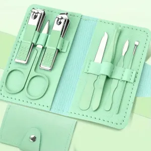 7 Pieces Stainless Steel Colorful Nail Clippers Manicure Set with Leather Bag Care Tools Grooming Kit (Set080light Greeen)