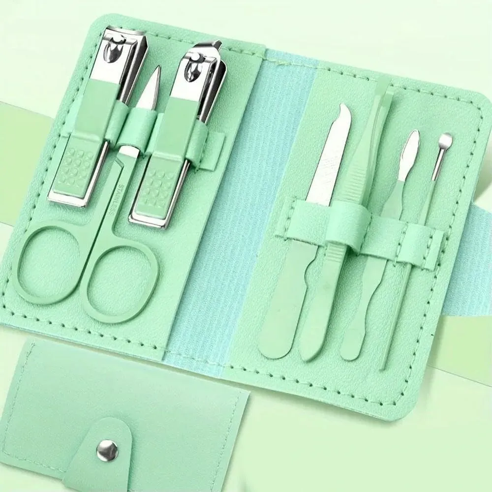 7 Pieces Stainless Steel Colorful Nail Clippers Manicure Set with Leather Bag Care Tools Grooming Kit (Set080light Greeen)