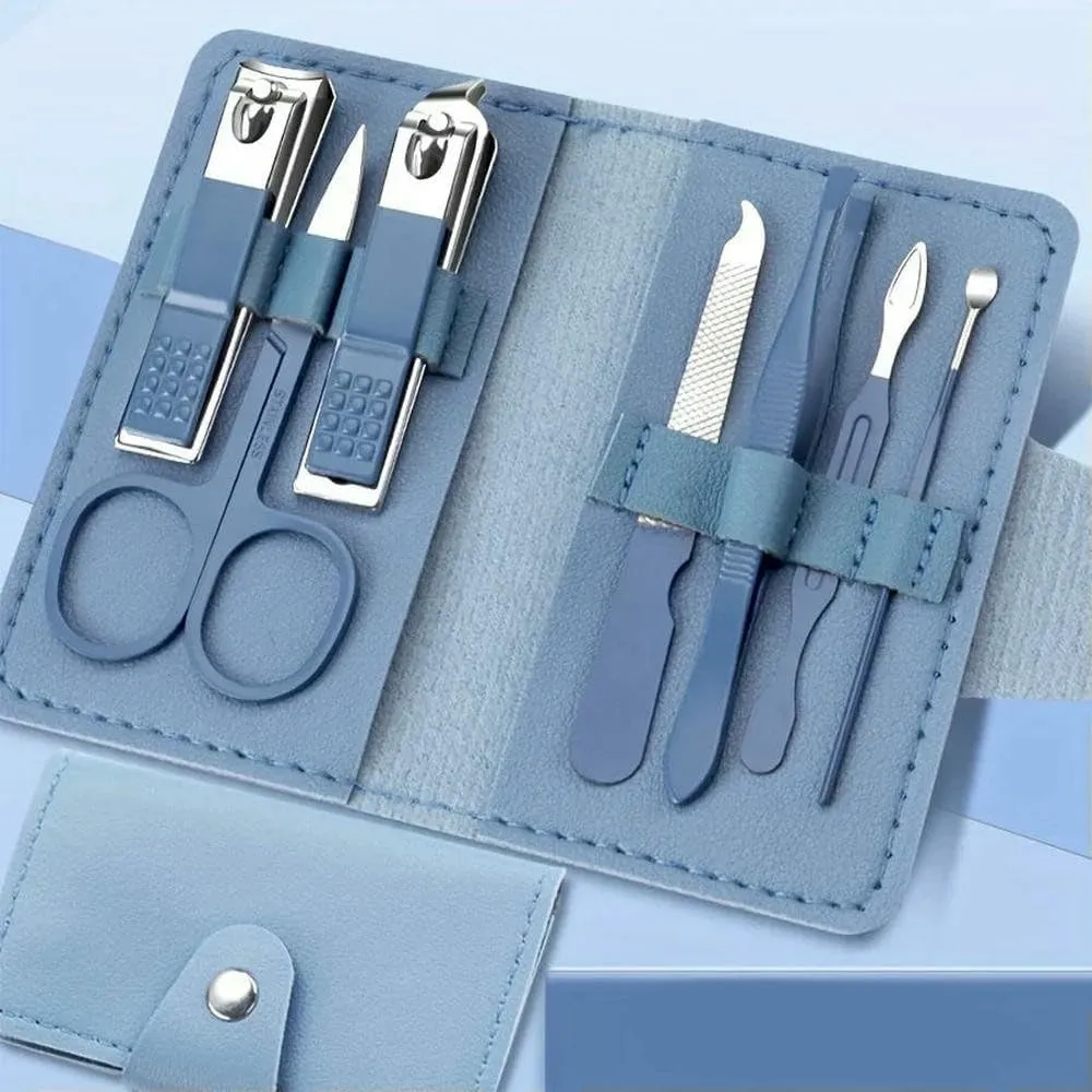 7 Pieces Stainless Steel Colorful Nail Clippers Manicure Set with Leather Bag Care Tools Grooming Kit (Set080sea Blue)