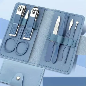 7 Pieces Stainless Steel Colorful Nail Clippers Manicure Set with Leather Bag Care Tools Grooming Kit (Set080sea Blue)