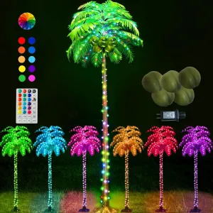 7FT Lighted Palm Tree Color Changing, Artificial Fake Palm Tree with Remote Blue Green Lights, LED Palm Trees for Indoor Outside Patio,St. Patrick's Day,Hawaiian,Jungle,Tiki Bar,Pool,Outdoor Decor