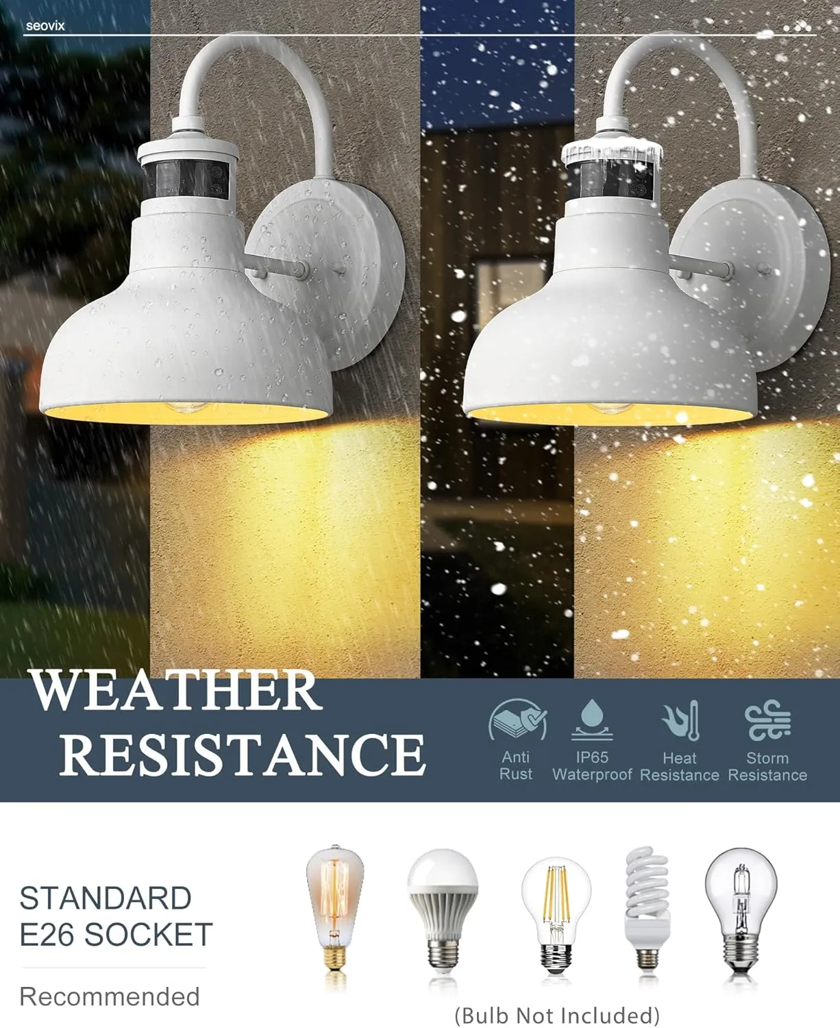 7" Outdoor Light Fixture with Motion Sensor, Dusk to Dawn Exterior Wall Light E26 Base Socket Barn Light, IP65 Waterproof Outside Wall Sconce for Porch, House, Garage, Farmhouse, 2210SWH-1