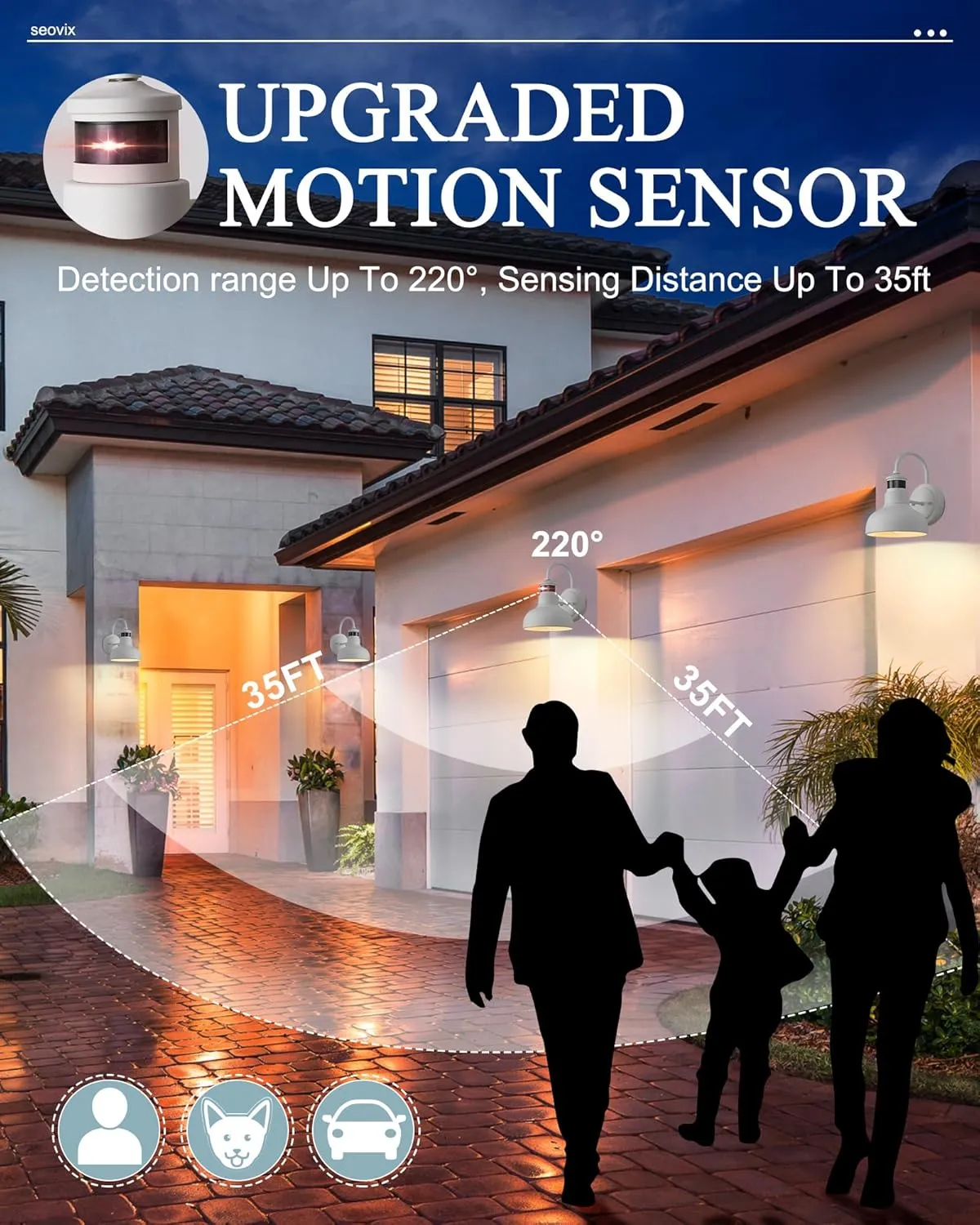 7" Outdoor Light Fixture with Motion Sensor, Dusk to Dawn Exterior Wall Light E26 Base Socket Barn Light, IP65 Waterproof Outside Wall Sconce for Porch, House, Garage, Farmhouse, 2210SWH-1