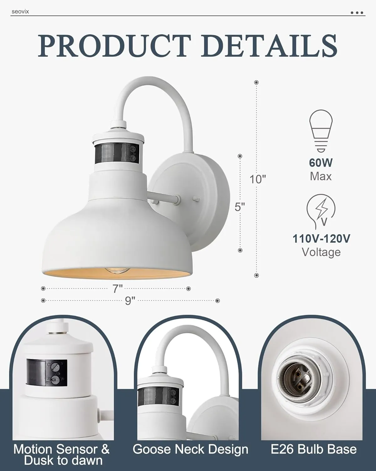 7" Outdoor Light Fixture with Motion Sensor, Dusk to Dawn Exterior Wall Light E26 Base Socket Barn Light, IP65 Waterproof Outside Wall Sconce for Porch, House, Garage, Farmhouse, 2210SWH-1