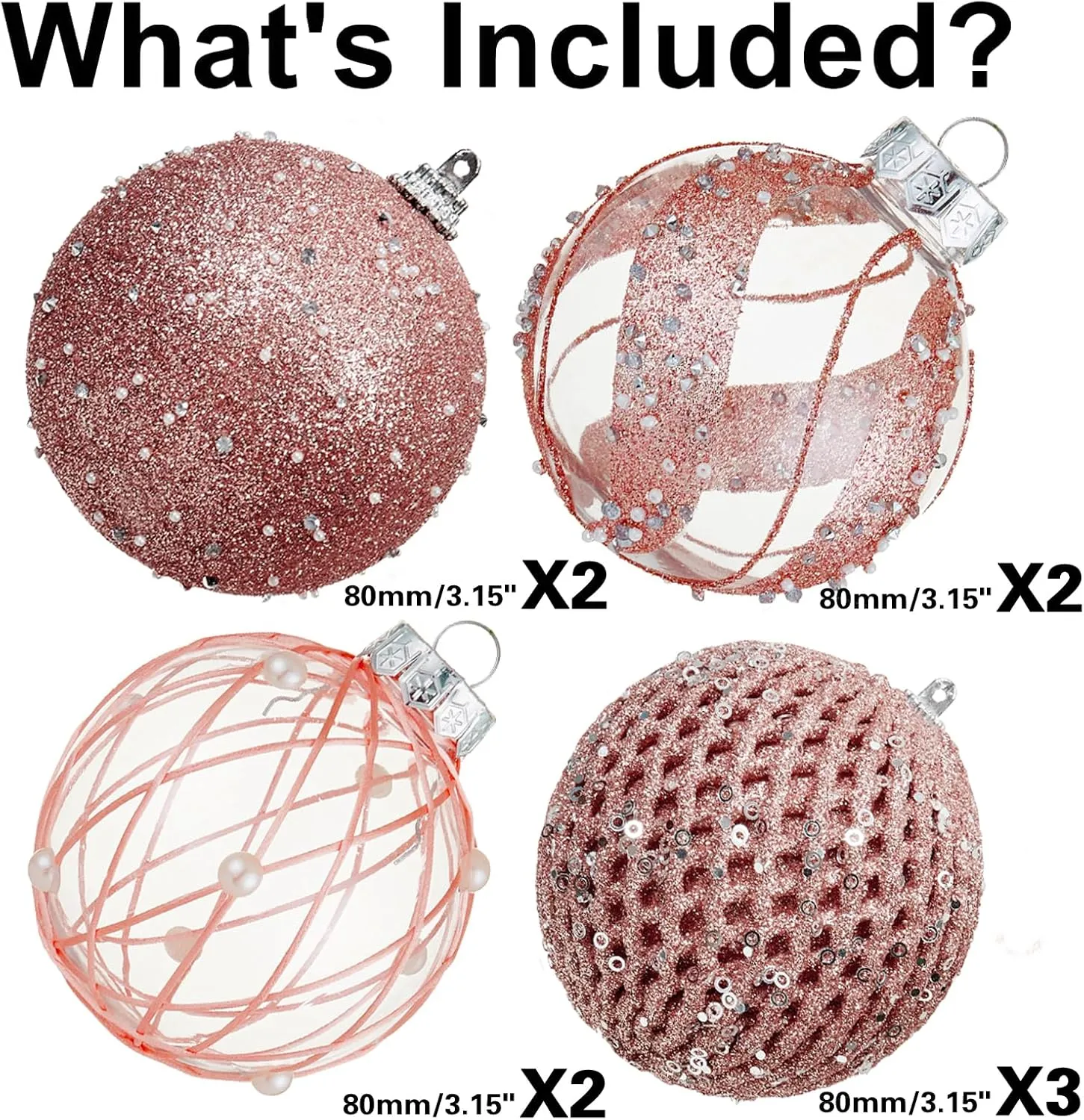 80mm/3.15" Christmas Ball Ornaments - 9pcs Large Shatterproof Foam Christmas Tree Decorations, Clear Plastic Glitter Hanging Balls for Xmas Holiday Party Home Decor (Rose Gold)