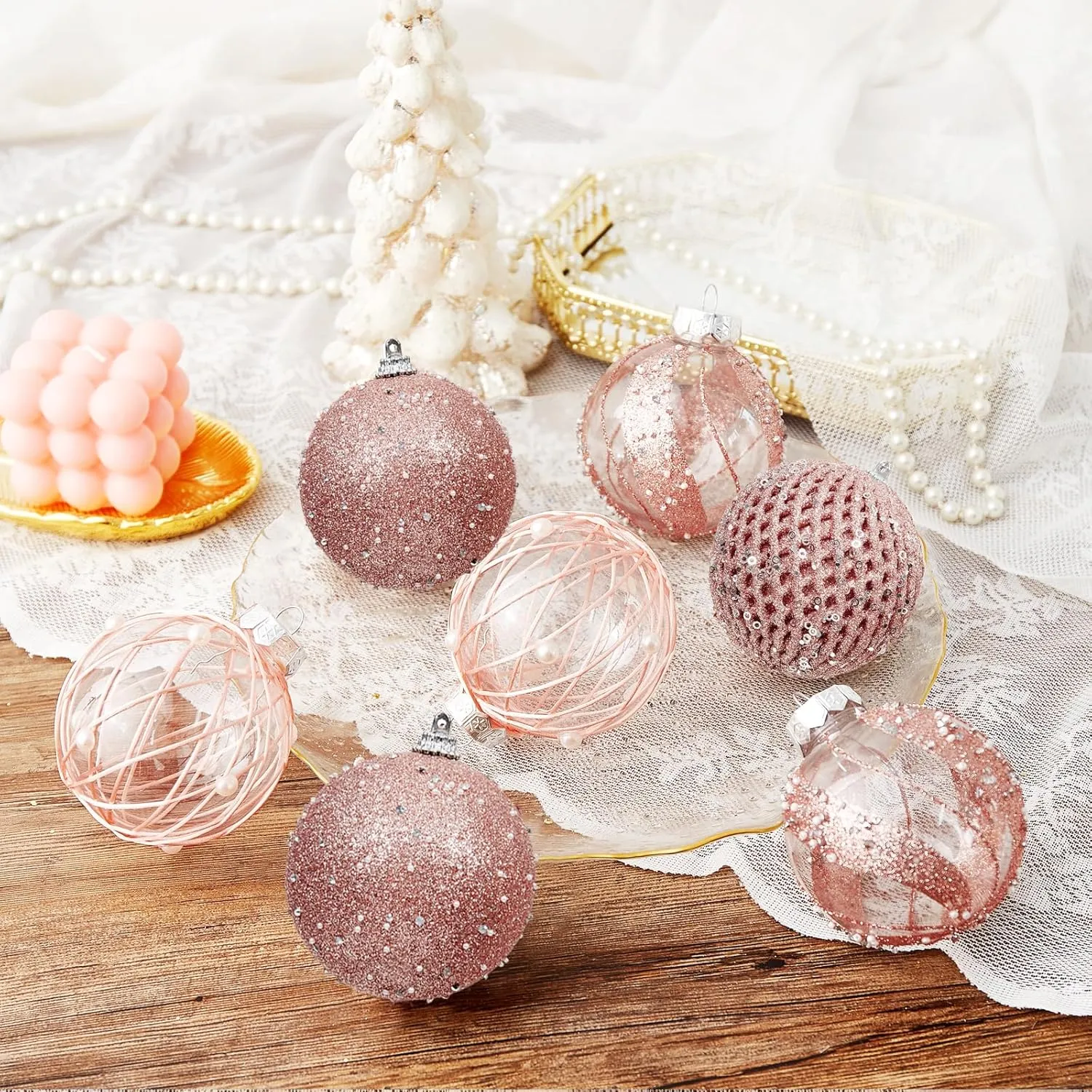 80mm/3.15" Christmas Ball Ornaments - 9pcs Large Shatterproof Foam Christmas Tree Decorations, Clear Plastic Glitter Hanging Balls for Xmas Holiday Party Home Decor (Rose Gold)