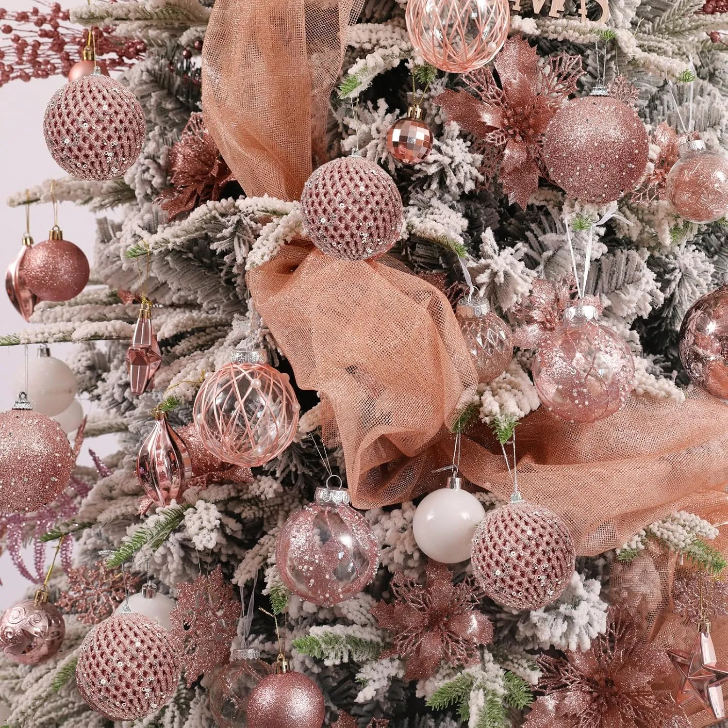 80mm/3.15" Christmas Ball Ornaments - 9pcs Large Shatterproof Foam Christmas Tree Decorations, Clear Plastic Glitter Hanging Balls for Xmas Holiday Party Home Decor (Rose Gold)