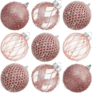 80mm/3.15" Christmas Ball Ornaments - 9pcs Large Shatterproof Foam Christmas Tree Decorations, Clear Plastic Glitter Hanging Balls for Xmas Holiday Party Home Decor (Rose Gold)