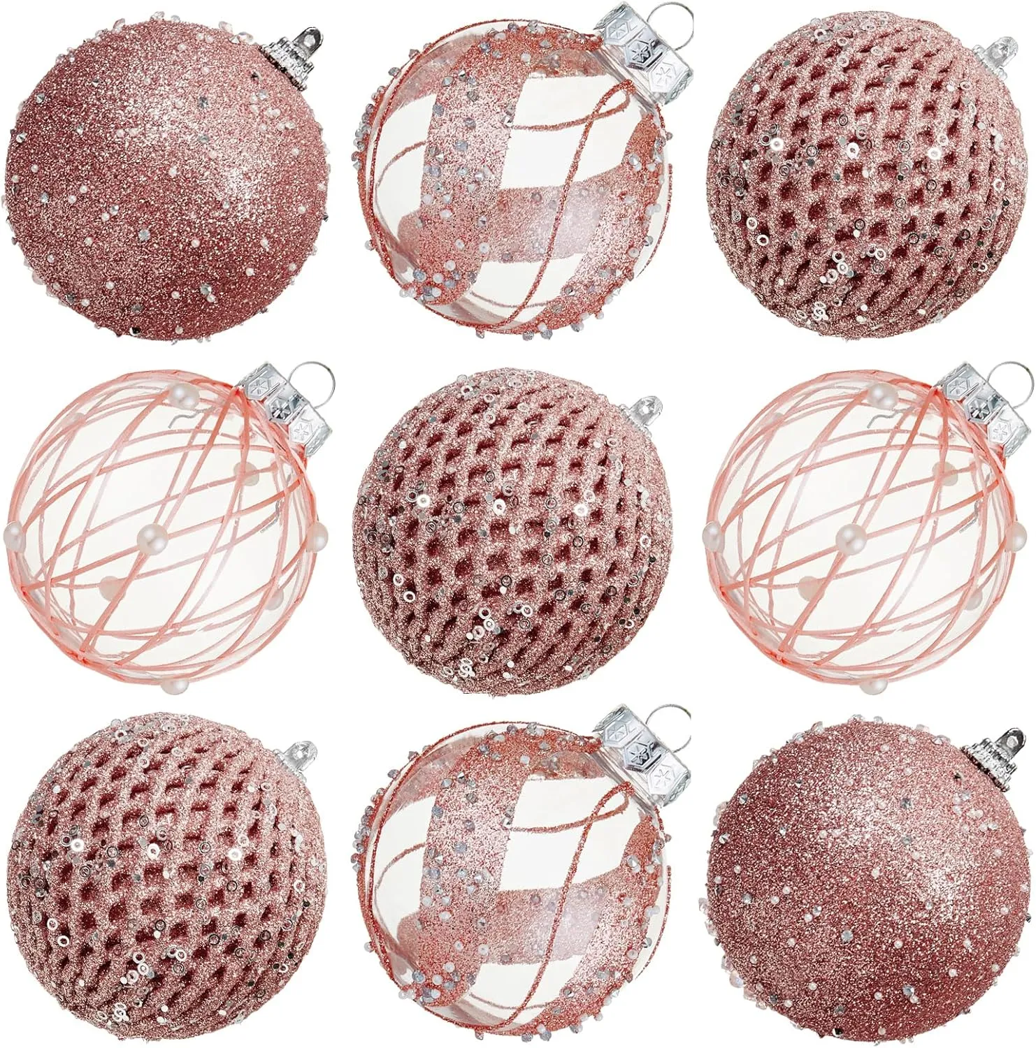 80mm/3.15" Christmas Ball Ornaments - 9pcs Large Shatterproof Foam Christmas Tree Decorations, Clear Plastic Glitter Hanging Balls for Xmas Holiday Party Home Decor (Rose Gold)